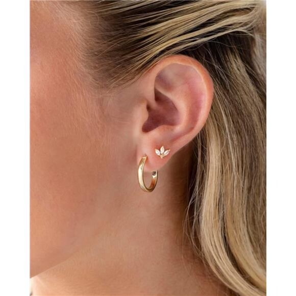 Gold Lotus Stud Earrings Cubic Zirconia Flat Back Helix Cartilage Jewelry - Picture 2 of 7